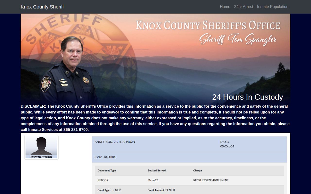 Knox County 24-hour release check showing KCSO 24 Hours In Custody