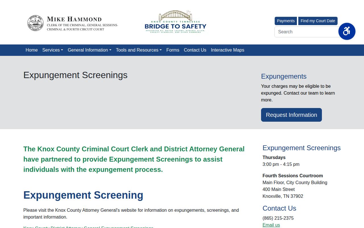 Knox Criminal Court Clerk expungement service page