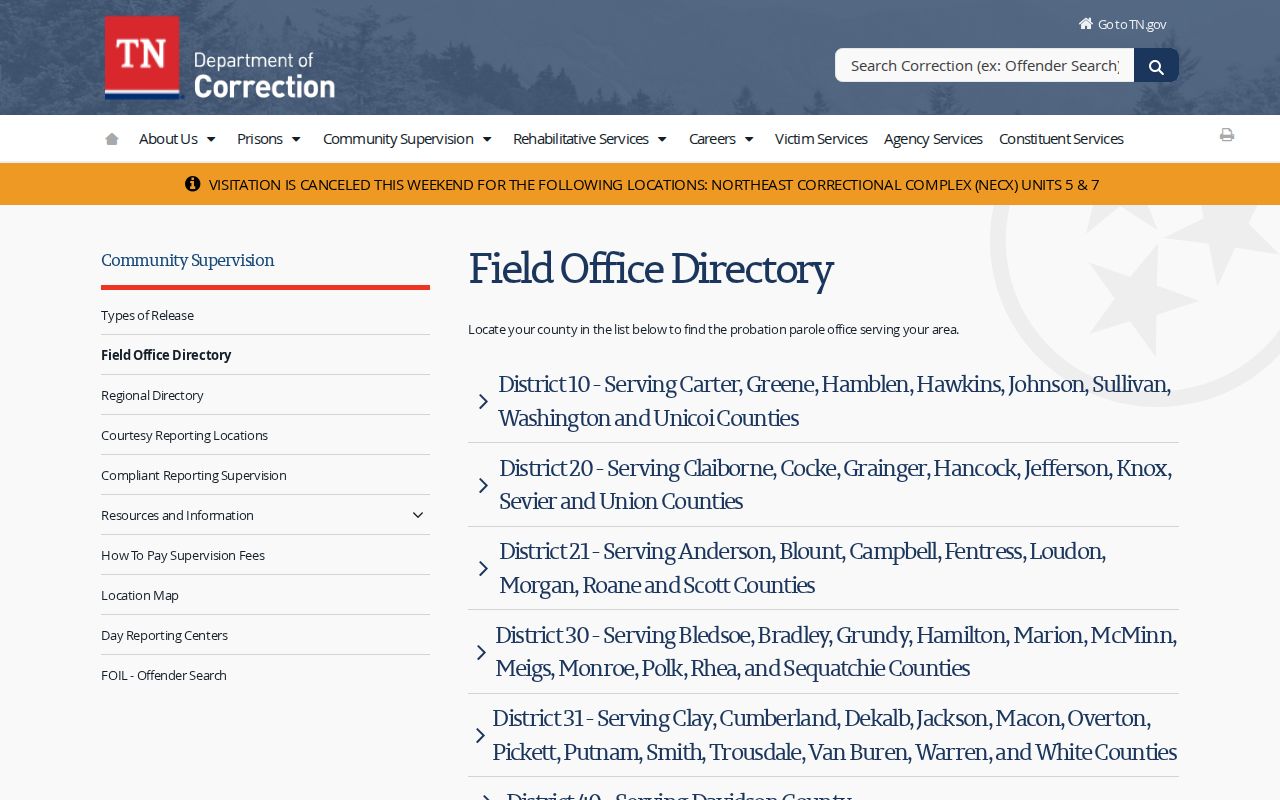 Knox County parole and probation District 20 field-office directory