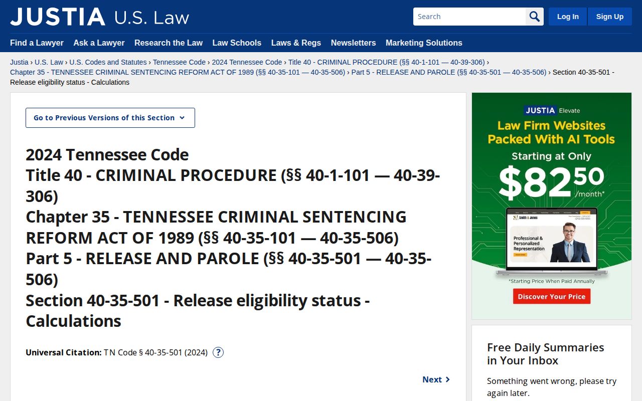 Tennessee statute governing Knox County release eligibility dates