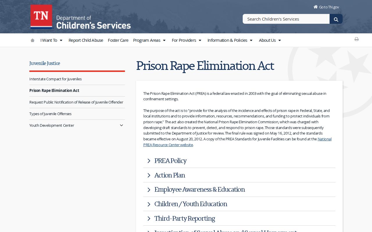 Tennessee Department of Children's Services juvenile PREA information